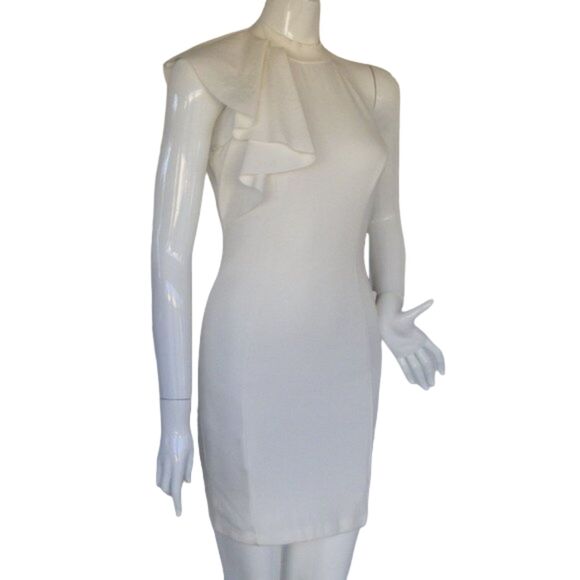 new LULUS Au Revoir Bodycon Dress, S, Asym Ruffle shoulder, Ivory - Picture 3 of 14